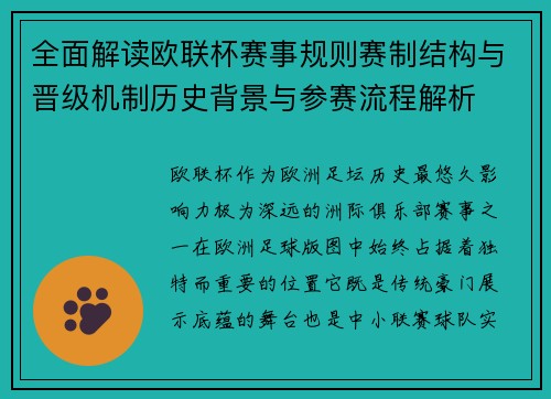 全面解读欧联杯赛事规则赛制结构与晋级机制历史背景与参赛流程解析